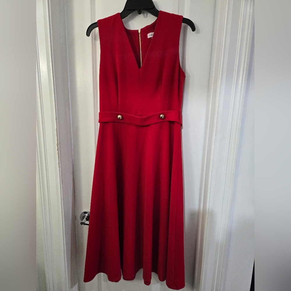 Calvin Klein Elegant Red Midi Dress with Gold Details
